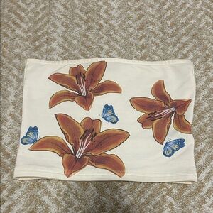 Edikted Cream Crop Top with Floral and Butterfly Design